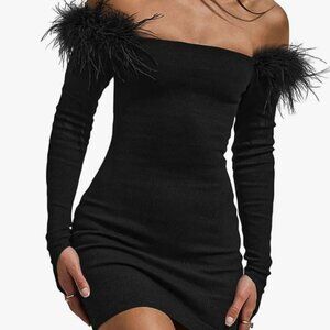 Women's Off Shoulder Bodycon Dress Feather Long Sleeve Ribbed Knit Mini Dress